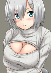 Rule 34 | 10s, 1girl, alternate costume, blue eyes, blush, breast hold, breasts, cleavage, cleavage cutout, clothing cutout, fuuma nagi, grey background, hair ornament, hairclip, hamakaze (kancolle), kantai collection, large breasts, looking at viewer, meme attire, open-chest sweater, ribbed sweater, short hair, silver hair, smile, solo, sweater, turtleneck, upper body