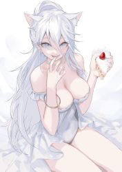 Rule 34 | 1girl, absurdres, animal ears, bracelet, breasts, cake, cat ears, cleavage, dress, egk513, food, hair between eyes, highres, holding, holding food, jewelry, large breasts, long hair, looking at viewer, open mouth, original, sitting, smile, solo, strawberry shortcake, thighs, white dress, white eyes, white hair