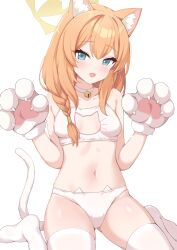 Rule 34 | 1girl, animal ear fluff, animal ears, animal hands, bell, blue archive, blue eyes, blush, bra, breasts, cat cutout, cat lingerie, cat tail, choker, clothing cutout, collarbone, commentary, english commentary, gloves, hair between eyes, halo, hayana neru, highres, jingle bell, long hair, looking at viewer, mari (blue archive), meme attire, open mouth, orange hair, panties, paw gloves, simple background, small breasts, smile, solo, tail, thighhighs, underwear, white background, white bra, white choker, white gloves, white panties, white thighhighs, yellow halo