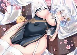 Rule 34 | 1girl, absurdres, azur lane, blush, braid, branch, breast curtains, breasts, cherry blossoms, china dress, chinese clothes, cowboy shot, dress, garter straps, gloves, grey dress, half gloves, highres, large breasts, looking at viewer, lying, manjuu (azur lane), maroonabyss, official alternate costume, on back, open mouth, pelvic curtain, red eyes, revealing clothes, see-through, see-through sleeves, short hair, side braid, sirius (azur lane), sirius (azure horizons) (azur lane), solo, thighhighs, white gloves, white hair, white thighhighs