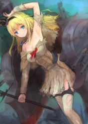 Rule 34 | 10s, 1girl, blonde hair, blue eyes, braid, crown, dress, dutch angle, french braid, garter straps, ifpark (ifpark.com), kantai collection, long hair, looking at viewer, machinery, mini crown, off-shoulder dress, off shoulder, scepter, solo, thighhighs, throne, torn clothes, warspite (kancolle), white dress, white thighhighs