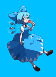 Rule 34 | 1girl, :t, asutoro (s--t), blue background, blue bow, blue dress, blue hair, bow, cirno, detached wings, dress, eating, female focus, food, highres, popsicle, short hair, simple background, solo, touhou, watermelon bar, white legwear, wings