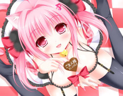 Rule 34 | 1girl, :d, animal ears, bell, between breasts, black bra, black thighhighs, blush, bra, breasts, candy, cat ears, cat tail, checkered floor, chocolate, chocolate heart, chocolate on body, chocolate on breasts, cleavage, collar, downblouse, floor, food, food on body, from above, garter straps, hair ornament, hairclip, heart, highres, large breasts, legs, looking at viewer, looking up, mole, mole under eye, nail polish, neck bell, open mouth, original, pink eyes, pink hair, pointing, shocchan (sanymph), sitting, smile, solo, tail, tareme, thighhighs, translation request, underwear, wariza