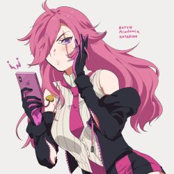 Rule 34 | 1girl, ahoge, bare shoulders, battle academia katarina, black gloves, black jacket, blue eyes, blush, breasts, character name, english text, gloves, hair over one eye, highres, hiyari (hiyarilol), holding, holding phone, jacket, katarina (league of legends), league of legends, long hair, necktie, off shoulder, official alternate costume, open clothes, open jacket, phone, pink gloves, pink hair, pink necktie, scar, scar across eye, scar on face, simple background, skirt, solo, striped clothes, striped skirt, two-tone gloves, white background