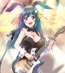 Rule 34 | 1girl, :d, absurdres, ahoge, amano nene (vtuber), animal ears, black bow, black bowtie, black hair, black leotard, blush, bow, bowtie, breasts, cleavage, commentary, cosplay, detached collar, english commentary, fake animal ears, god knows..., green eyes, guitar, hair ribbon, hairband, highres, holding, holding instrument, instrument, kuroi mimei, large breasts, leotard, long hair, microphone, microphone stand, music, open mouth, playboy bunny, production kawaii, rabbit ears, ribbon, second-party source, sidelocks, singing, smile, solo, sparkle, suzumiya haruhi, suzumiya haruhi (cosplay), suzumiya haruhi no yuuutsu, teeth, upper teeth only, virtual youtuber, wing hair ornament, wrist cuffs, yellow hairband, yellow ribbon