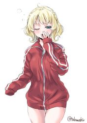 Rule 34 | 1girl, alternate costume, blonde hair, blue eyes, blush, braid, breasts, colorado (kancolle), highres, jacket, kantai collection, long sleeves, one eye closed, open mouth, red jacket, short hair, simple background, sleepy, sleeves past fingers, sleeves past wrists, solo, takomeshi, thighs, track jacket, twitter username, white background, yawning