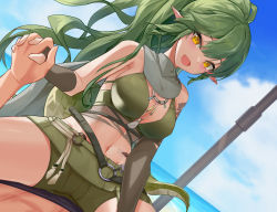 Rule 34 | 1boy, 1girl, :d, absurdres, arknights, bare shoulders, belt, bikini, black gloves, blue sky, breasts, cleavage, cowgirl position, crocodilian tail, day, elbow gloves, fingerless gloves, gavial (arknights), girl on top, gloves, green bikini, green hair, green shorts, hetero, highres, jewelry, large breasts, long hair, looking at viewer, material growth, navel, necklace, ok sign, open mouth, oripathy lesion (arknights), outdoors, pointy ears, short shorts, shorts, shoulder tattoo, sktre12, sky, smile, solo focus, spread legs, stomach, straddling, swimsuit, tail, tattoo, v-shaped eyebrows, very long hair, yellow eyes