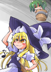 Rule 34 | 2girls, :3, apron, blonde hair, bow, bucket, commentary request, crazy smile, green eyes, green hair, grin, hair bobbles, hair ornament, hat, hat bow, highres, in bucket, in container, kirisame marisa, kisume, long hair, multiple girls, musical note, purple hair, shaded face, shinapuu, smile, smirk, touhou, very long hair, witch hat, yellow eyes