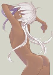 Rule 34 | 1boy, arched back, ass, cowboy shot, dark-skinned male, dark skin, girly boy, grey background, hair between eyes, highres, long hair, looking at viewer, male focus, nude, original, simple background, sketch, solo, tawapo, trap, white hair, yellow eyes