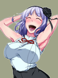 Rule 34 | 10s, 1girl, armpits, arms behind head, arms up, blush, breasts, closed eyes, covered erect nipples, dagashi kashi, female focus, flower, hair flower, hair ornament, hair ribbon, hairband, highres, kanta (k n t r o), large breasts, open mouth, purple hair, ribbon, shidare hotaru, short hair, simple background, smile, solo, upper body