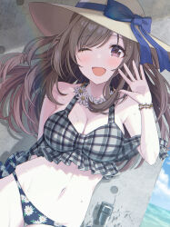 Rule 34 | 1girl, ;d, absurdres, bikini, blush, bracelet, breasts, brown hair, cleavage, commentary request, flower, flower necklace, grey bikini, hand up, hat, highres, idolmaster, idolmaster shiny colors, jewelry, long hair, looking at viewer, medium breasts, momomoi momoi, navel, necklace, one eye closed, open mouth, plaid, plaid bikini, purple eyes, smile, solo, swimsuit, tsukioka kogane, yellow hat