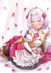 Rule 34 | 1girl, absurdres, apron, armor, blunt bangs, breasts, closed mouth, falling petals, flower, gauntlets, genshin impact, grey hair, highres, looking at viewer, lying, maid apron, maid headdress, noelle (genshin impact), on side, petals, red flower, red rose, rose, rose petals, short hair, shoulder armor, solo, tsuchinoko (vjde8458), yellow eyes