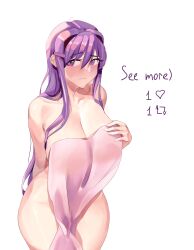 Rule 34 | 1girl, absurdres, arm behind back, breasts, covering privates, doki doki literature club, english text, highres, large breasts, naked towel, nude, nude cover, purple eyes, purple hair, solo, towel, twitter strip game (meme), yudsnuts, yuri (doki doki literature club)