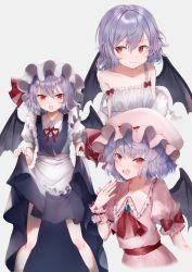 Rule 34 | 1girl, absurdres, alternate costume, bare shoulders, bat wings, black wings, blue hair, enmaided, fang, grey background, happiness lilys, hat, hat ribbon, highres, looking at viewer, maid, mob cap, multiple views, open mouth, pink headwear, pink shirt, pink skirt, puffy short sleeves, puffy sleeves, red eyes, red ribbon, remilia scarlet, ribbon, shirt, short sleeves, simple background, skirt, smile, strap slip, touhou, white headwear, wings, wrist cuffs