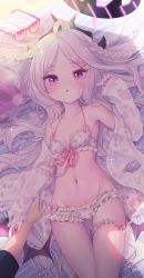 Rule 34 | 1boy, 1girl, ahoge, alternate costume, bare shoulders, bikini, blue archive, blush, bow, braid, breasts, bridal garter, collarbone, demon horns, floral print, frilled bikini, frills, hair ornament, hairclip, halo, highres, hina (blue archive), horns, long hair, long sleeves, looking at viewer, lying, nail polish, navel, nishiki koi, off shoulder, on back, open clothes, parted bangs, parted lips, purple eyes, sleeves past wrists, small breasts, swimsuit, thigh strap, very long hair, white hair, wings