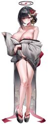 Rule 34 | 1girl, :o, absurdres, alternate costume, bare legs, black hair, black panties, blue archive, blush, breasts, feet, flower, full body, grey kimono, groin, hair flower, hair ornament, halo, highres, japanese clothes, kimono, large breasts, legs, looking at viewer, nipples, okobo, panties, platform footwear, red eyes, revision, rio (blue archive), sandals, simple background, solo, toes, underwear, white background, yerim