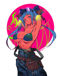 Rule 34 | 1girl, arm behind back, armpits, bandaged arm, bandages, bare shoulders, belt, bikini, blue eyes, blue gloves, blue hair, blunt bangs, bow, breasts, brown bow, cleavage, collarbone, colored skin, cowboy shot, ear piercing, earrings, elbow gloves, eyewear on head, glasses, gloves, green bikini, hair bow, jewelry, large breasts, long hair, olys, original, overalls, piercing, red skin, screwdriver, sidelocks, simple background, solo, strap gap, stud earrings, suspenders, swimsuit, twintails, twitter username, utility belt, white background, wrench