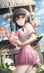 Rule 34 | 1girl, absurdres, black hair, blue sky, blurry, blurry foreground, blush, breasts, cloud, cloudy sky, commentary request, cowboy shot, crossed bangs, day, dutch angle, flower, food, fruit, hair ornament, hairclip, highres, holding, holding food, holding ice cream, holding spoon, ice cream, long hair, looking at viewer, medium breasts, midriff, miniskirt, navel, onee928, original, outdoors, parted lips, pink eyes, pink sailor collar, pink scarf, pink skirt, plant, pleated skirt, sailor collar, scarf, school uniform, shirt, short sleeves, sidelocks, skirt, sky, solo, spoon, standing, strawberry, sweat, sweatdrop, white flower, white shirt