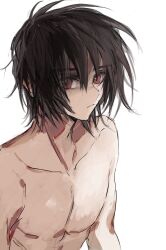 Rule 34 | 1boy, black hair, closed mouth, gundam, gundam seed, gundam seed destiny, gundam seed freedom, highres, looking at viewer, male focus, red eyes, she (morianosu), shinn asuka, short hair, simple background, sketch, solo, topless male, upper body, white background