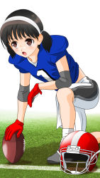 Rule 34 | 1girl, american football, american football (object), american football helmet, american football uniform, angry, bad id, bad pixiv id, ball, bandaid, bandaid on face, bandaid on nose, blue shirt, blush, breasts, brown eyes, brown hair, character request, clothes writing, copyright request, dedenden (pixiv30568724), elbow pads, freckles, gloves, grass, grey footwear, hairband, helmet, highres, jersey, kneeling, low twintails, on one knee, open mouth, red gloves, shirt, shirt writing, shoes, short hair, short sleeves, shorts, shoulder pads, small breasts, socks, sportswear, twintails, unworn headwear, unworn helmet, white background, white shorts, white socks