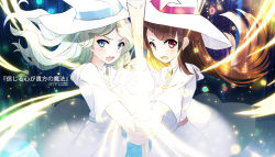 Rule 34 | 2girls, alternate color, artist name, blonde hair, blue eyes, blush, brown hair, cowboy shot, diana cavendish, dress, foreshortening, from side, glowing, glowing weapon, green hair, hat, holding, holding weapon, kagari atsuko, light, light particles, little witch academia, long hair, long sleeves, looking at viewer, looking to the side, magic, multicolored hair, multiple girls, outstretched arm, red eyes, rods, round teeth, standing, straight hair, teeth, translated, two-tone hair, v-shaped eyebrows, very long hair, weapon, white dress, white hat, witch hat