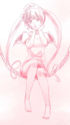 Rule 34 | 1girl, bare legs, bat wings, borrowed character, bottomless, buttons, ebola-chan, flower, glowing, glowing eyes, hair flower, hair ornament, hands on own face, hat, highres, long hair, looking at viewer, monochrome, nurse, nurse cap, open mouth, original, personification, puffy short sleeves, puffy sleeves, short sleeves, sitting, solo, triangle mouth, twintails, very long hair, wings, yandere trance, zatsudan