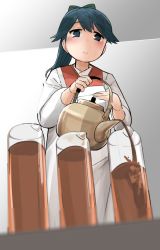 Rule 34 | 1girl, barley tea, black eyes, black hair, commentary request, cowboy shot, cup, drinking glass, from below, glass, houshou (kancolle), japanese clothes, kantai collection, kettle, kimono, koharuko (khrkhrk), long hair, ponytail, pouring, smile, solo