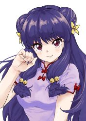 Rule 34 | 1girl, absurdres, anno masato, bell, blush, bow, breasts, chinese clothes, double bun, hair bell, hair bow, hair bun, hair ornament, highres, long hair, looking at viewer, nail polish, parted lips, pink nails, purple hair, ranma 1/2, red eyes, shampoo (ranma 1/2), small breasts, smile, solo, white background, yellow bow