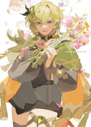 Rule 34 | 1girl, ahoge, belt, black dress, blush, bouquet, breasts, bridal gauntlets, brown scarf, brown thighhighs, capelet, collei (genshin impact), commentary, crossed bangs, detached sleeves, dress, earrings, eyelashes, flower, genshin impact, green capelet, green hair, hair ornament, happy, highres, holding, holding bouquet, holding weapon, jewelry, lanhacy, long hair, long sleeves, looking at viewer, medium breasts, necklace, open mouth, purple eyes, scarf, single earring, solo, tassel, thighhighs, thighlet, v-shaped eyebrows, vision (genshin impact), weapon, white background