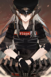 Rule 34 | 1girl, arknights, black gloves, black shirt, chalos, collared shirt, commentary request, dragon horns, elbow pads, gloves, grey hair, hat, highres, horns, long hair, looking at viewer, military, military uniform, official alternate costume, bulletproof vest, police, police uniform, saria (arknights), saria (the law) (arknights), shield, shirt, single glove, sleeves rolled up, solo, tactical clothes, uniform, walkie-talkie