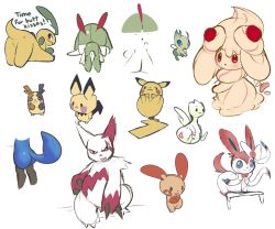 Rule 34 | :3, alcremie, alcremie (strawberry sweet), alcremie (vanilla cream), animal hands, animal nose, ass, bayleef, black eyes, black fur, blue eyes, blue fur, blunt bangs, blush, blush stickers, body fur, bowl cut, celebi, claws, closed mouth, colored sclera, colored skin, covered eyes, creatures (company), disembodied tongue, english text, food, from behind, fruit, full body, furry, game freak, gen 1 pokemon, gen 2 pokemon, gen 3 pokemon, gen 4 pokemon, gen 6 pokemon, gen 8 pokemon, green hair, green skin, hair over eyes, hand to own mouth, hand up, happy, inkune, kirlia, legendary pokemon, licking, light blush, lipstick mark, long hair, looking at viewer, looking back, lucario, lying, minun, morpeko, morpeko (full), multicolored hair, multicolored skin, mythical pokemon, nintendo, on back, open mouth, pichu, pikachu, pink hair, pokemon, pokemon (creature), ralts, red eyes, red fur, red sclera, shiny skin, simple background, sitting, sketch, smile, solid oval eyes, split mouth, standing, strawberry, streaked hair, sylveon, tail, tail raised, togetic, tongue, tongue out, top-down bottom-up, two-tone fur, two-tone hair, two-tone skin, wavy mouth, white background, white fur, white skin, wings, wolf tail, zangoose