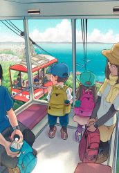 Rule 34 | backpack, bag, blue sky, child, cloud, commentary request, day, eyewear on head, from above, from behind, fujiwara yoshito, highres, horizon, lake, layered sleeves, long sleeves, looking down, multiple boys, multiple girls, original, outdoors, pantyhose, pantyhose under shorts, scenery, school bag, short over long sleeves, short sleeves, shorts, sky, unworn backpack, unworn bag, water