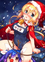 Rule 34 | 10s, 2girls, ahoge, antlers, ass, bad id, bad twitter id, bell, blonde hair, blue eyes, blue hair, blush, breasts, cape, clown nose, commentary request, fur-trimmed cape, fur trim, glasses, hair ribbon, hat, horns, i-19 (kancolle), i-8 (kancolle), ichihaya, inactive account, kantai collection, large breasts, long hair, multiple girls, name tag, nose blush, one-piece swimsuit, open mouth, red eyes, reindeer antlers, ribbon, rimless eyewear, santa hat, school swimsuit, swimsuit