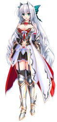 Rule 34 | 1girl, amasaka takashi, aqua eyes, armor, bare shoulders, breastplate, breasts, cleavage, elbow gloves, full body, gloves, hair ornament, highres, large breasts, long hair, looking at viewer, open mouth, pleated skirt, ribbon, silver hair, skirt, smile, solo, standing, thighhighs, tiana havel netherlands, transparent background, unionism quartet, very long hair, zettai ryouiki