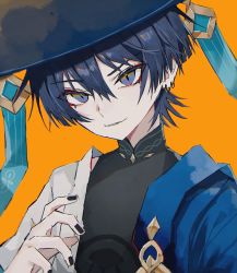Rule 34 | 1boy, black nails, black shirt, blue hat, blue vest, closed mouth, commentary, dragonagia643, earrings, english commentary, fingernails, genshin impact, gold, grey vest, hair between eyes, hand up, hat, highres, jewelry, jingasa, looking at viewer, male focus, mandarin collar, nail polish, official alternate costume, open clothes, open vest, orange background, purple eyes, purple hair, scaramouche (genshin impact), shirt, short hair, short sleeves, simple background, solo, teeth, two-tone vest, upper body, v-shaped eyebrows, vest, wanderer (genshin impact)