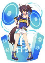 Rule 34 | 1girl, animal ears, bare shoulders, belt, blue footwear, blue hair, blue shirt, boots, bracelet, breasts, brown hair, clenched hand, clothing cutout, colored inner hair, commentary, cutoffs, daitaku helios (umamusume), ear covers, ear piercing, facial tattoo, fang, full body, hair between eyes, hair ornament, hairclip, hand on own hip, hand up, highres, horse ears, horse girl, horse tail, jewelry, legs, long hair, looking at viewer, multicolored hair, necklace, nm222hz, off-shoulder shirt, off shoulder, open mouth, piercing, shirt, short sleeves, shorts, side ponytail, skin fang, small breasts, smile, solo, speaker, standing, streaked hair, tail, tattoo, tied shirt, twitter username, umamusume, watermark, white shorts, wristband, yellow eyes