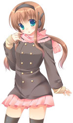 Rule 34 | 1girl, ameya kirika, black thighhighs, blue eyes, brown hair, buttons, coat, double-breasted, earmuffs, hair ornament, hairband, long hair, looking at viewer, original, parted lips, pleated skirt, scarf, skirt, solo, thighhighs, zettai ryouiki