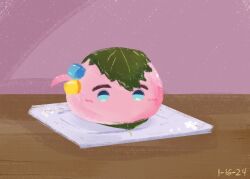 Rule 34 | abstract background, aqua eyes, blush, bocchi the rock!, bocchidaily, character counter request, commentary, cube hair ornament, dated, english commentary, food, foodification, gotoh hitori, hair ornament, leaf, no mouth, no nose, plate, sakura mochi, wagashi