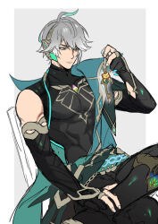 1boy alhaitham_(genshin_impact) black_gloves cape chair charm_(object) closed_mouth commentary detached_sleeves english_commentary genshin_impact gloves grey_hair holding key male_focus multicolored_hair onegingek partially_fingerless_gloves pectorals simple_background sitting sketch solo