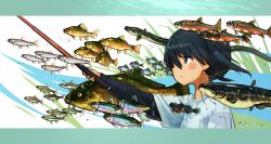 Rule 34 | 1girl, air bubble, animal, animal request, black hair, black sleeves, blue eyes, bubble, eel, fish, fish request, fishing, fishing rod, from side, highres, holding, holding fishing rod, layered sleeves, letterboxed, long sleeves, looking ahead, natsuno kanasemi, original, outstretched arm, profile, school of fish, seaweed, shirt, short over long sleeves, short sleeves, t-shirt, twintails, underwater, upper body, white background, white shirt