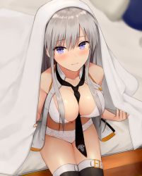 Rule 34 | 1girl, azur lane, bare shoulders, bed, bed sheet, belt buckle, between breasts, black necktie, black thighhighs, blanket, blurry, blurry background, blush, bra, breasts, buckle, cleavage, closed mouth, commentary request, enterprise (azur lane), from above, hair between eyes, highres, kinokorec, large breasts, long hair, looking at viewer, navel, necktie, open clothes, panties, pillow, purple eyes, shiny skin, shirt, sidelocks, silver hair, sitting, sleeveless, sleeveless shirt, smile, solo, thighhighs, under covers, underwear, white bra, white panties, white shirt