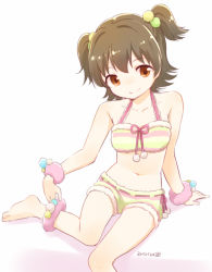 Rule 34 | 10s, 1girl, 2015, akagi miria, anklet, arm support, barefoot, bracelet, brown eyes, brown hair, collarbone, dated, idolmaster, idolmaster cinderella girls, jewelry, looking at viewer, nagian, navel, pom pom (clothes), ribbon-trimmed underwear, ribbon trim, short shorts, shorts, simple background, smile, solo, two side up, underwear