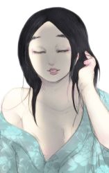 Rule 34 | 00s, 1girl, black hair, breasts, cleavage, female focus, gantz, japanaese clothes, long hair, pale skin, solo, white background