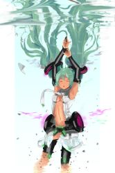Rule 34 | 1girl, absurdres, armpits, arms up, bad id, bad pixiv id, black thighhighs, bodysuit, breasts, center opening, cleavage, darwinwu, detached sleeves, dissolving clothes, closed eyes, green hair, hair ribbon, hatsune miku, hatsune miku (append), highres, long hair, necktie, revealing clothes, ribbon, small breasts, solo, thighhighs, twintails, underwater, vocaloid, vocaloid append