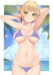 Rule 34 | 1girl, adjusting hair, aegis (takunomi), armpits, arms behind back, arms behind head, bare arms, beach, bikini, blonde hair, blue bikini, blue sky, border, breasts, breasts apart, cloud, collarbone, commentary request, covered erect nipples, cowboy shot, day, elf, folded ponytail, gluteal fold, green eyes, hair between eyes, highres, large breasts, long hair, looking at viewer, navel, ocean, original, outdoors, outline, outside border, palm tree, parted lips, pointy ears, sand, side-tie bikini bottom, skindentation, sky, solo, standing, stomach, swimsuit, takunomi, thighs, tree, underboob, water