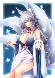 Rule 34 | 1girl, animal ear fluff, animal ears, azur lane, blue eyes, blunt bangs, breasts, bug, butterfly, cleavage, commentary request, cup, drinking glass, flower, fox ears, fox tail, grey hair, hair flower, hair ornament, highres, holding, holding cup, insect, large breasts, long hair, looking at viewer, low-tied long hair, multiple tails, osashin (osada), shinano (azur lane), shinano (dreams of the hazy moon) (azur lane), smile, solo, tail, very long hair, wine glass