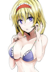 Rule 34 | 1girl, alice margatroid, bikini, blonde hair, blue bikini, blue eyes, breasts, cleavage, collarbone, frilled bikini, frills, tucking hair, hairband, halterneck, halterneck, highres, large breasts, lolita hairband, looking at viewer, nail polish, navel, parted lips, red hairband, red nails, short hair, solo, stomach, swimsuit, touhou, upper body, white background, y2
