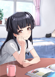 Rule 34 | 1girl, bed, bedroom, black hair, brown eyes, cup, curtains, day, highres, idolmaster, idolmaster shiny colors, indoors, long hair, looking at viewer, magazine (object), mayuzumi fuyuko, mug, pillow, plant, potted plant, shirt, short sleeves, solo, suke (momijigari), t-shirt, table, two side up, white shirt, window