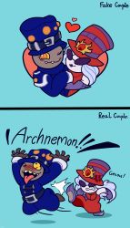 Rule 34 | 1boy, 1girl, absurdres, archnemon, digimon, expectations/reality, hat, heart, highres, kicking, mummymon