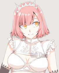 Rule 34 | 1girl, alternate hair length, alternate hairstyle, breasts, cleavage, commentary, dress, elbow gloves, fate/grand order, fate (series), frilled dress, frills, gloves, grey background, heart, looking to the side, medb (fate), medb (fate), pink hair, short hair, signature, simple background, smile, solo, tiara, twitter username, upper body, x0 cami, yellow eyes